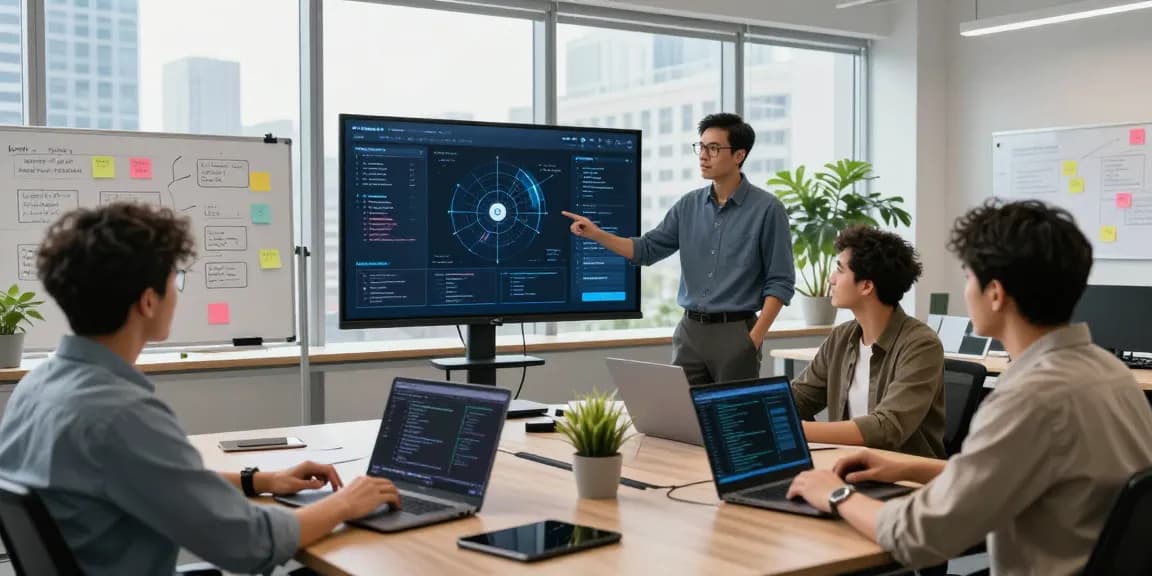 Team of developers showcasing agentic AI software in a bright, modern office.