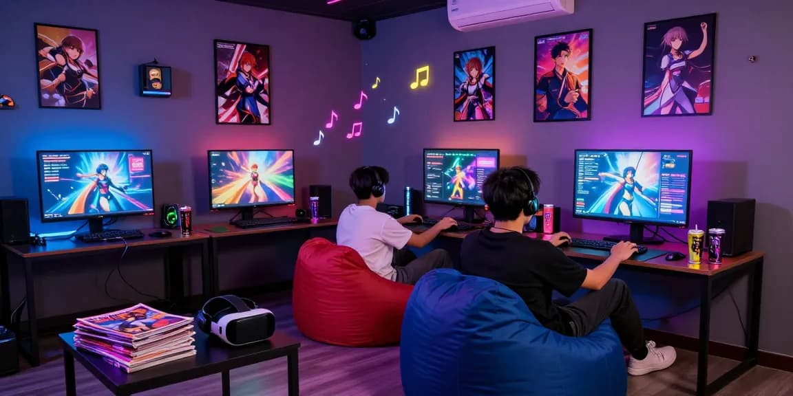 Player engaging in hentaigames in a vibrant gaming lounge with neon lights