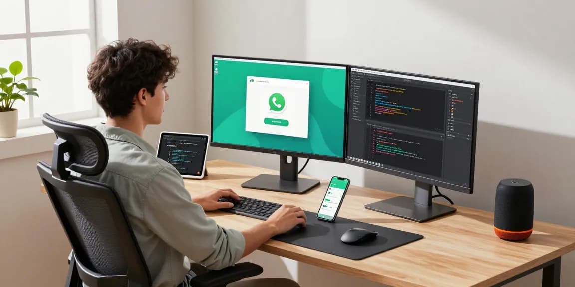 Young professional in a modern workspace promoting WhatsApp下載 with tech gadgets visible.