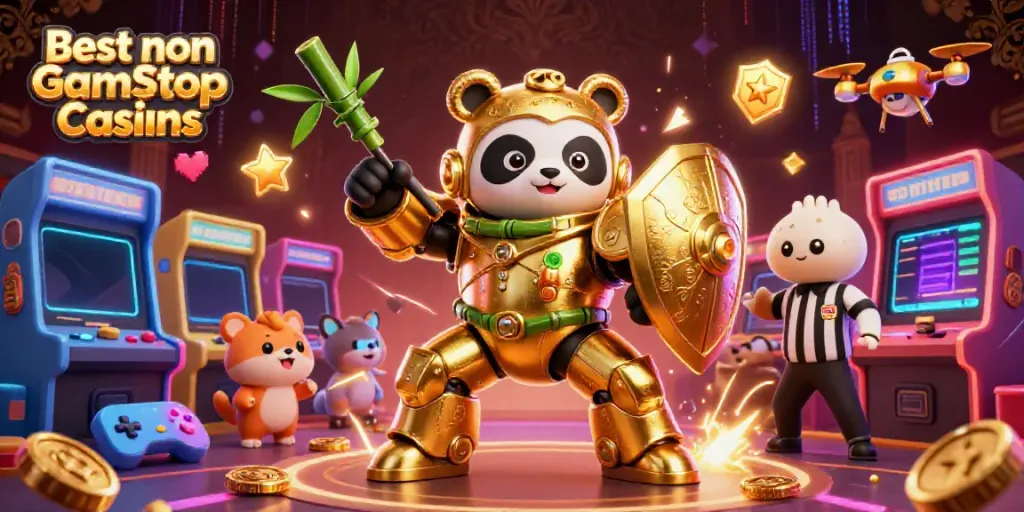 Engage with the Best non Gamstop Casinos in a vibrant 3D casino arena featuring interactive gaming elements.