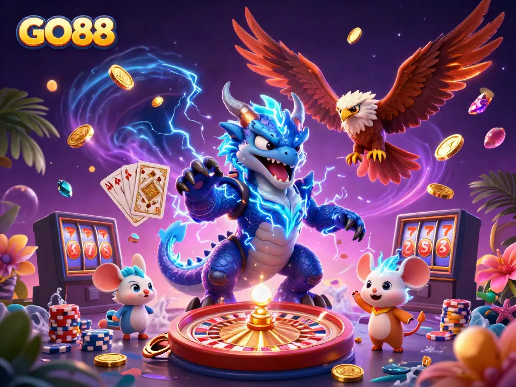 Engage with thrilling GO88 gaming action featuring a dragon, hawk, and dynamic casino elements.