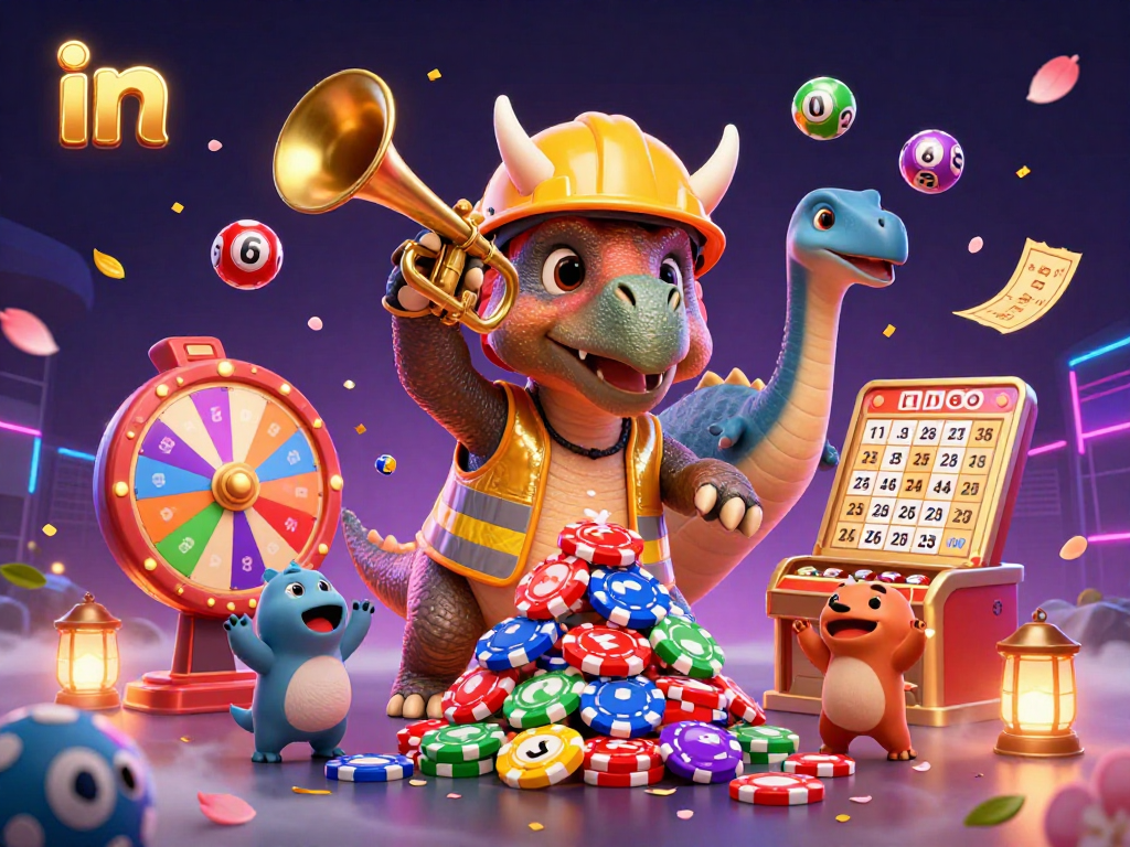 Engage in online gaming excitement with colorful lottery elements in this vibrant casino scene.