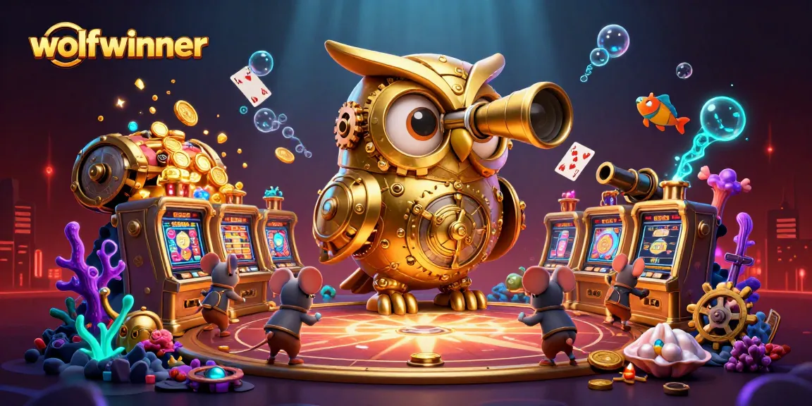 Experience thrilling action at wolfwinner casino, featuring animated owl and treasure-filled slots.