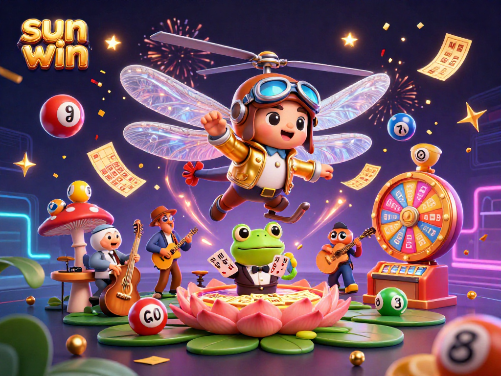 Sun win lively 3D casino scene showcasing a dragonfly pilot, frog dealer, and vibrant game elements.
