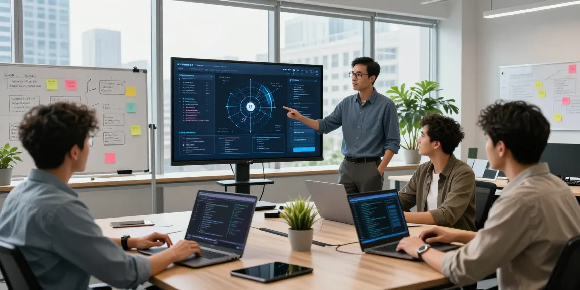 Team of developers showcasing agentic AI software in a bright, modern office.
