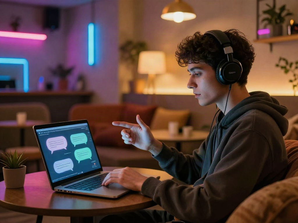Engaging scene of ai porn chat in a cozy digital lounge with ambient lighting