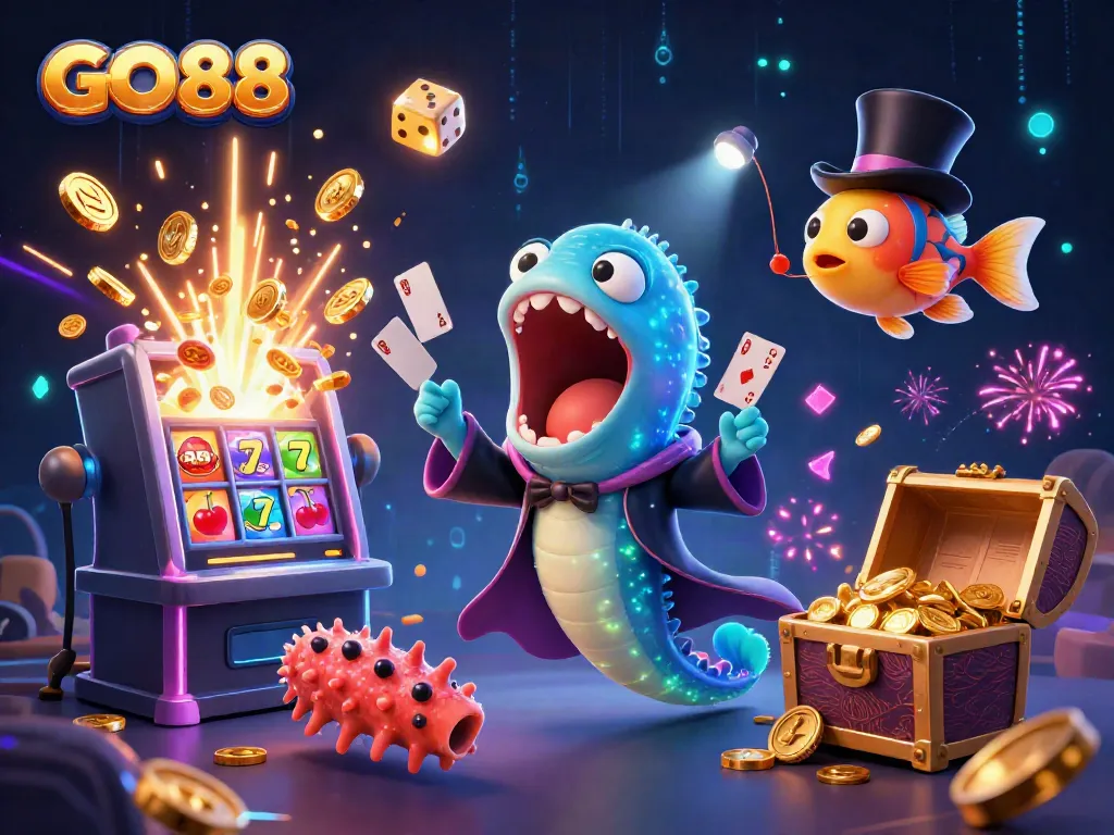 GO88 showcases a vibrant illustration of a deep-sea eel performing casino card tricks amid exciting gambling elements.