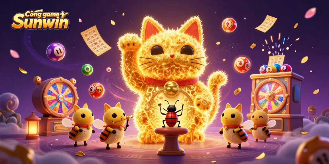 Cổng game Sunwin welcomes players with a lively scene featuring golden fireflies and dynamic casino elements.