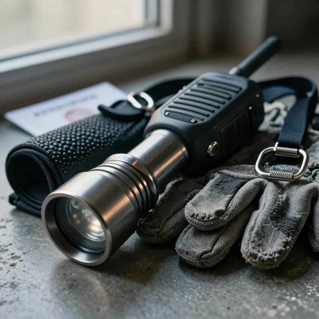 Macro security patrol kit on metal and concrete: torch, radio cradle, key pouch, gloves, lanyard.