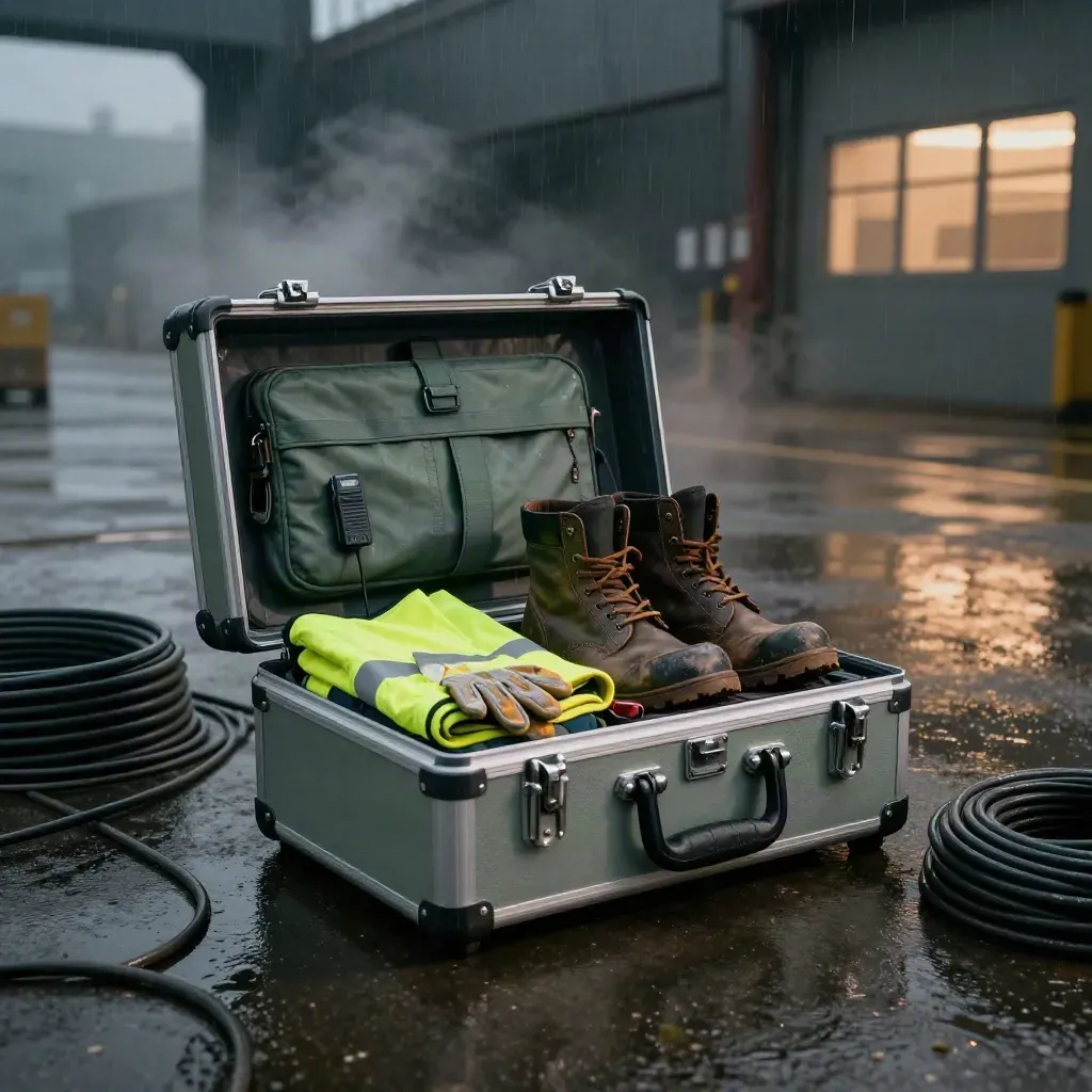 Opened warehouse cover pack on a wet loading bay with workwear, boots, torch, radio dock, and mist.