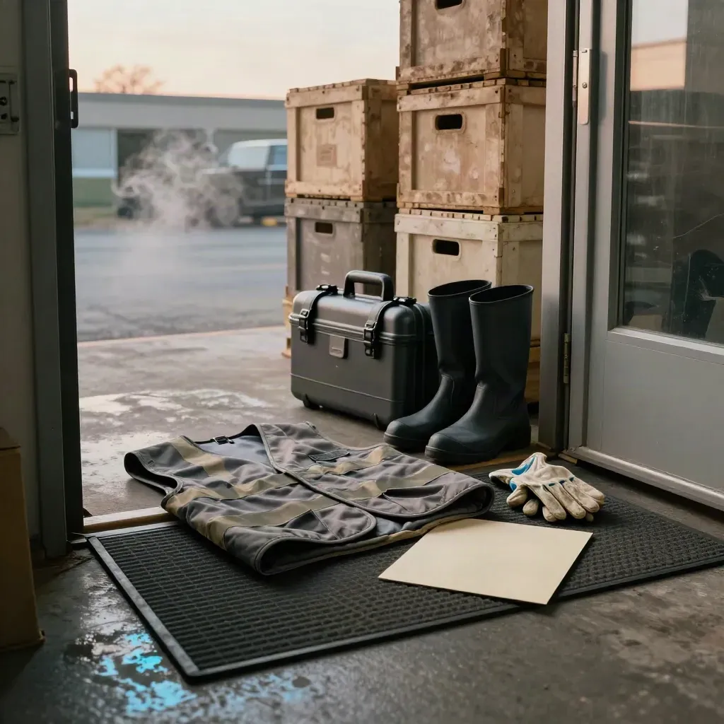 Overnight staffing kit at a warehouse doorway with crates, gloves, vest and soft blue haze.
