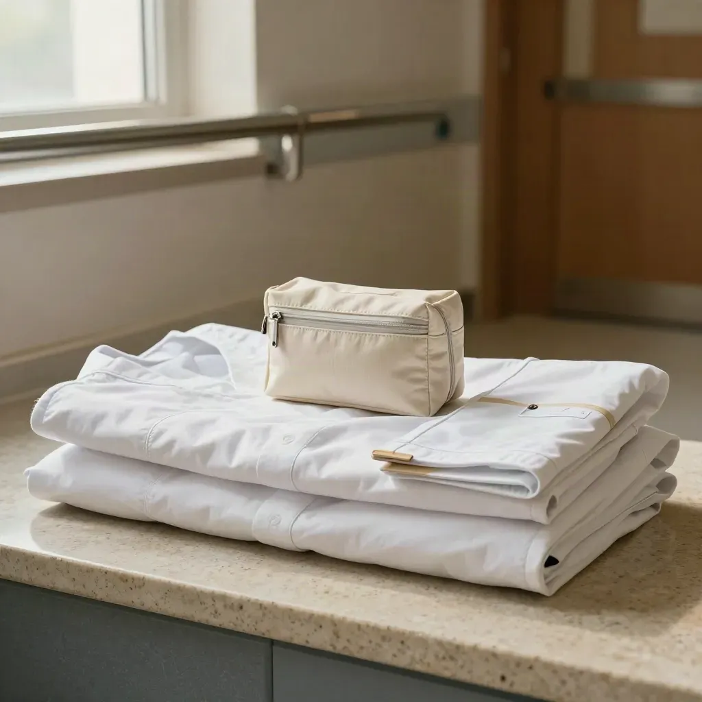 Ward cover pack with scrubs, shoes, sleeve and pouch on pale stone in moody corridor light.