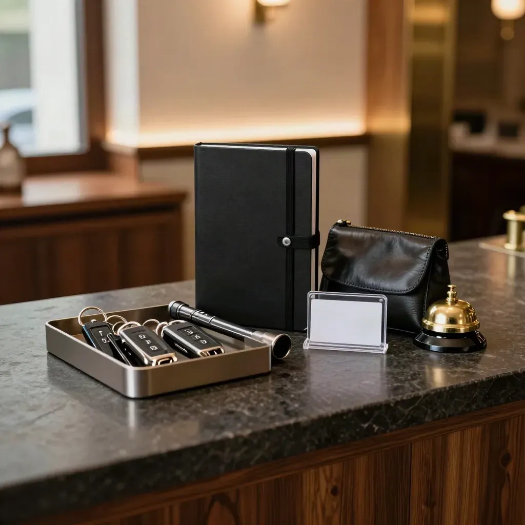 Hotel night reception kit with folio, torch, key tray and service pouch on dark stone.