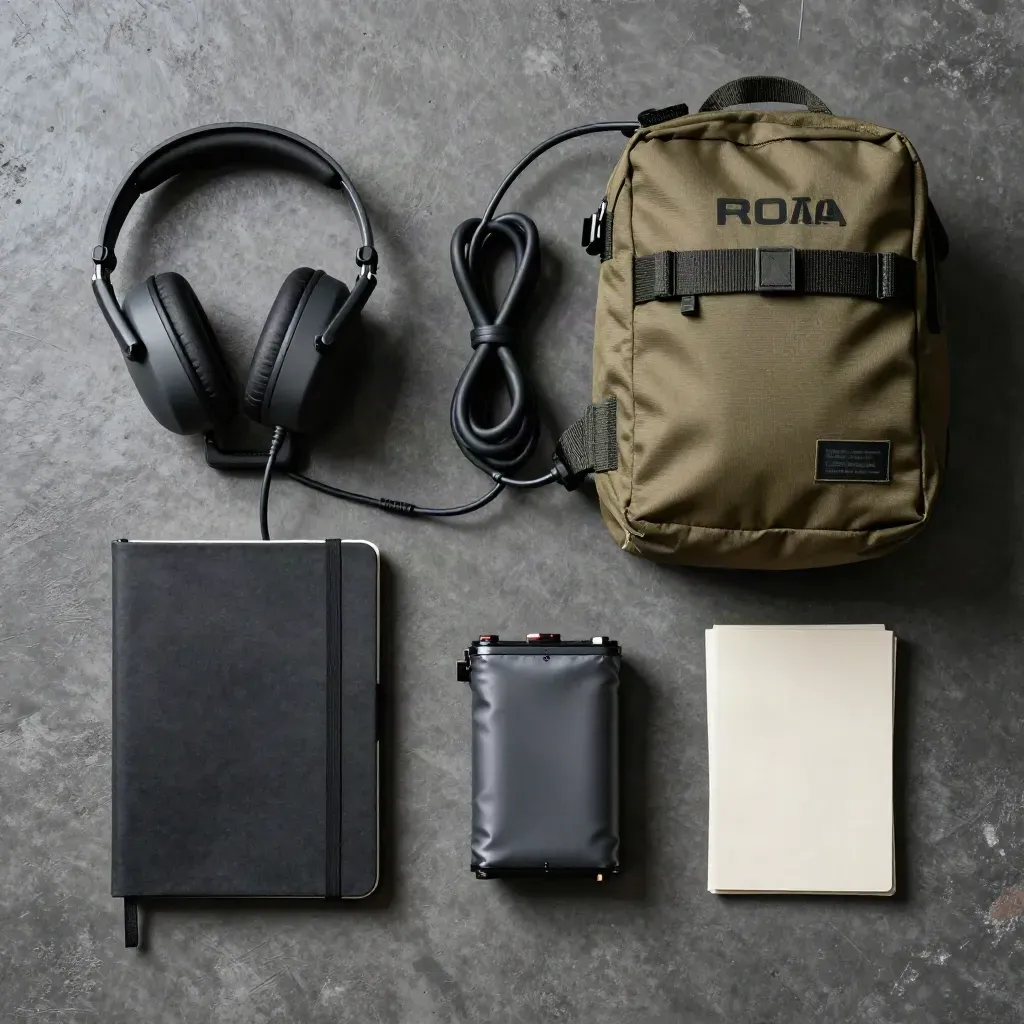 Overhead flatlay of a rota rescue pack with headset dock, charger coil, notebook, battery and shift cards.