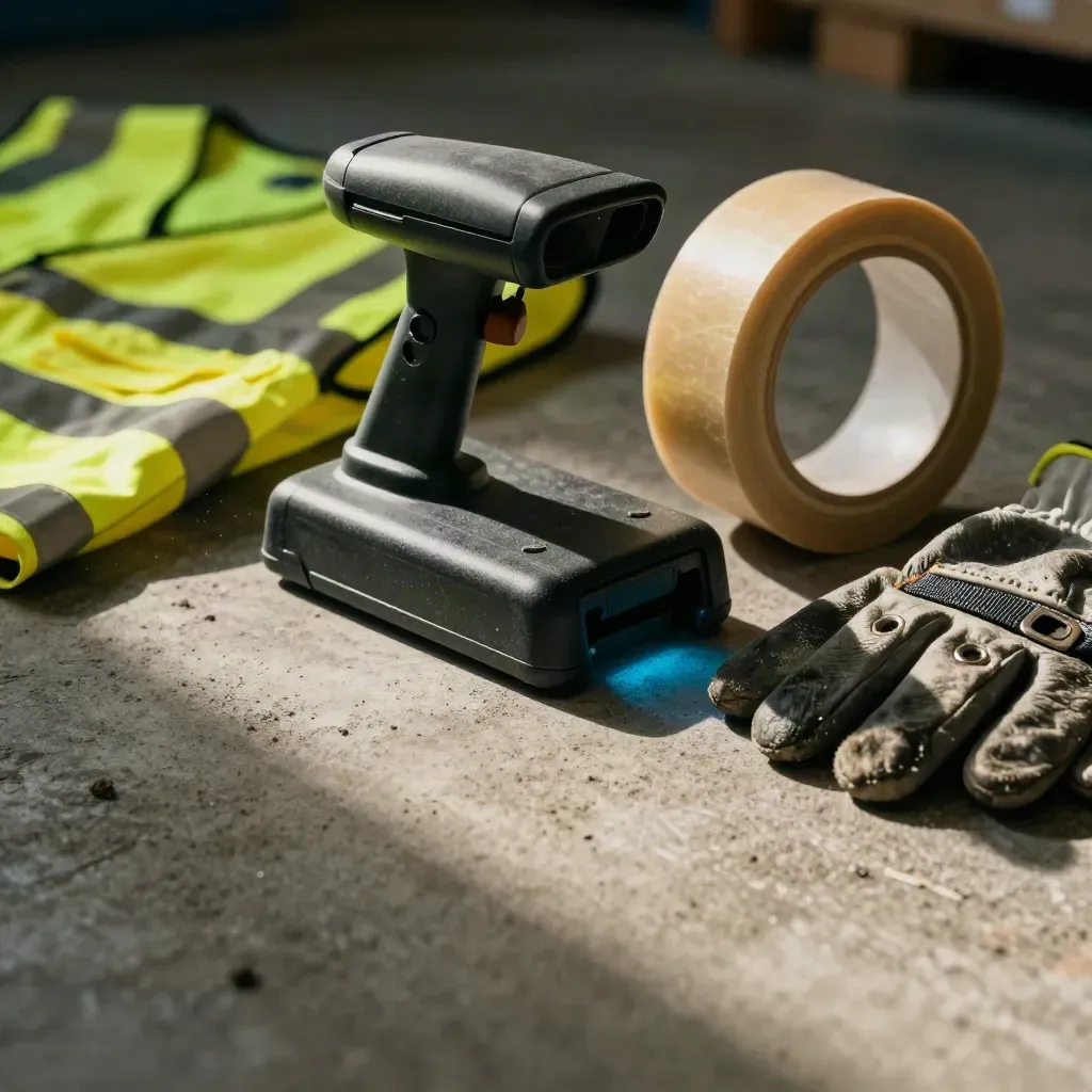 Macro of a fulfilment kit on concrete with gloves, tape, hi-vis vest and scanner cradle.