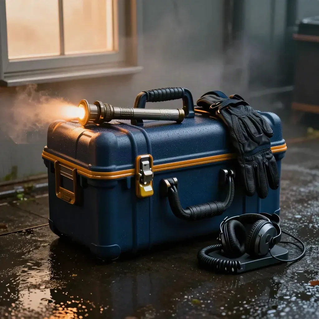 Emergency overnight rota kit in a blue case with torch, gloves and headset on wet steel.