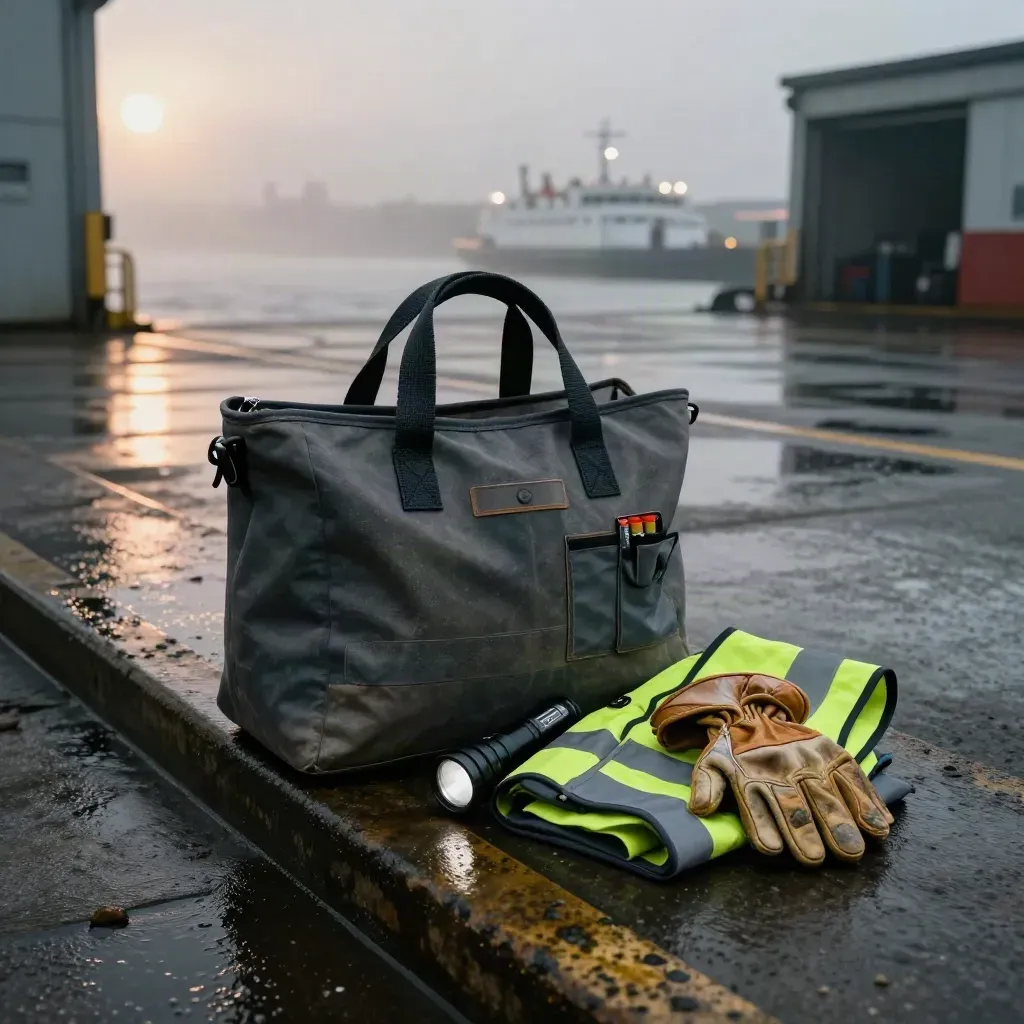 Wet Liverpool warehouse crew kit with hi-vis, gloves, torch and tote by a misty loading dock.