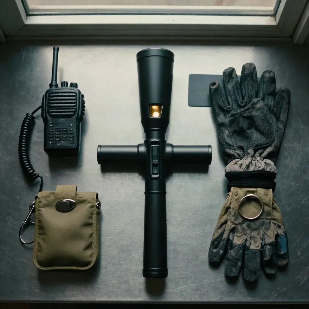 Security patrol kit with torch, radio charger, gloves, pouch and checkpoint ring on brushed steel.