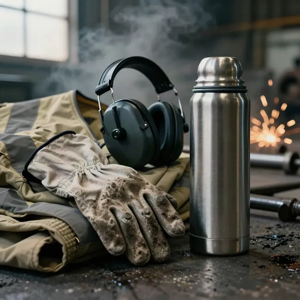 Extreme macro of factory kit with gloves, hi-vis vest, ear defenders and thermos on steel and concrete.