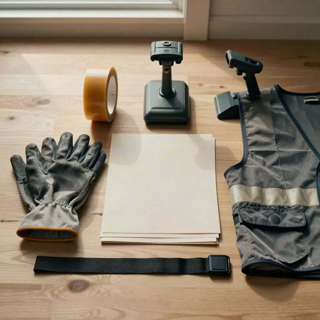 Overhead flatlay of a Midlands fulfilment shift pack with gloves, tape, scanner dock and hi-vis on pale wood.