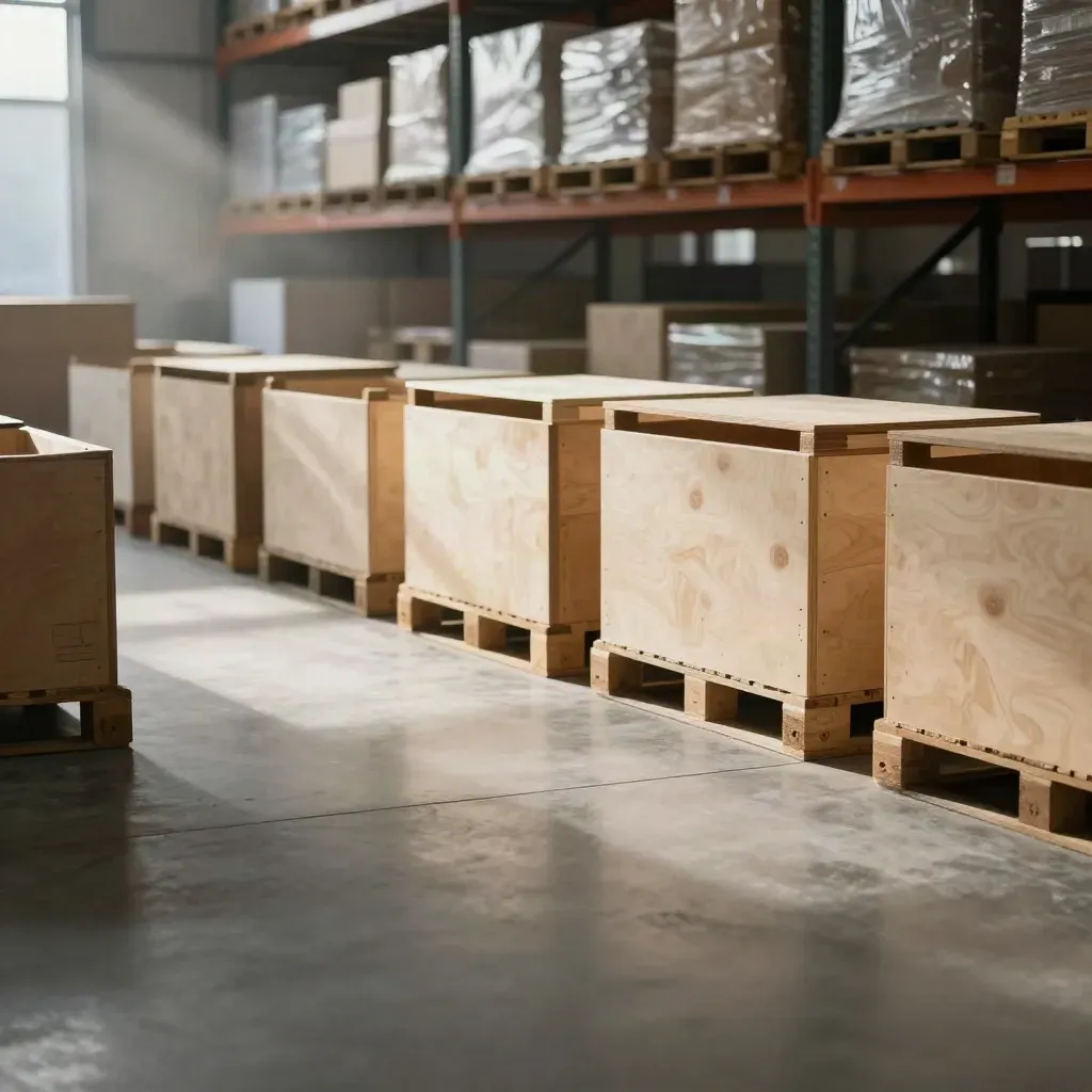 Calm warehouse interior with pallets, plywood crates, and empty floor in morning light