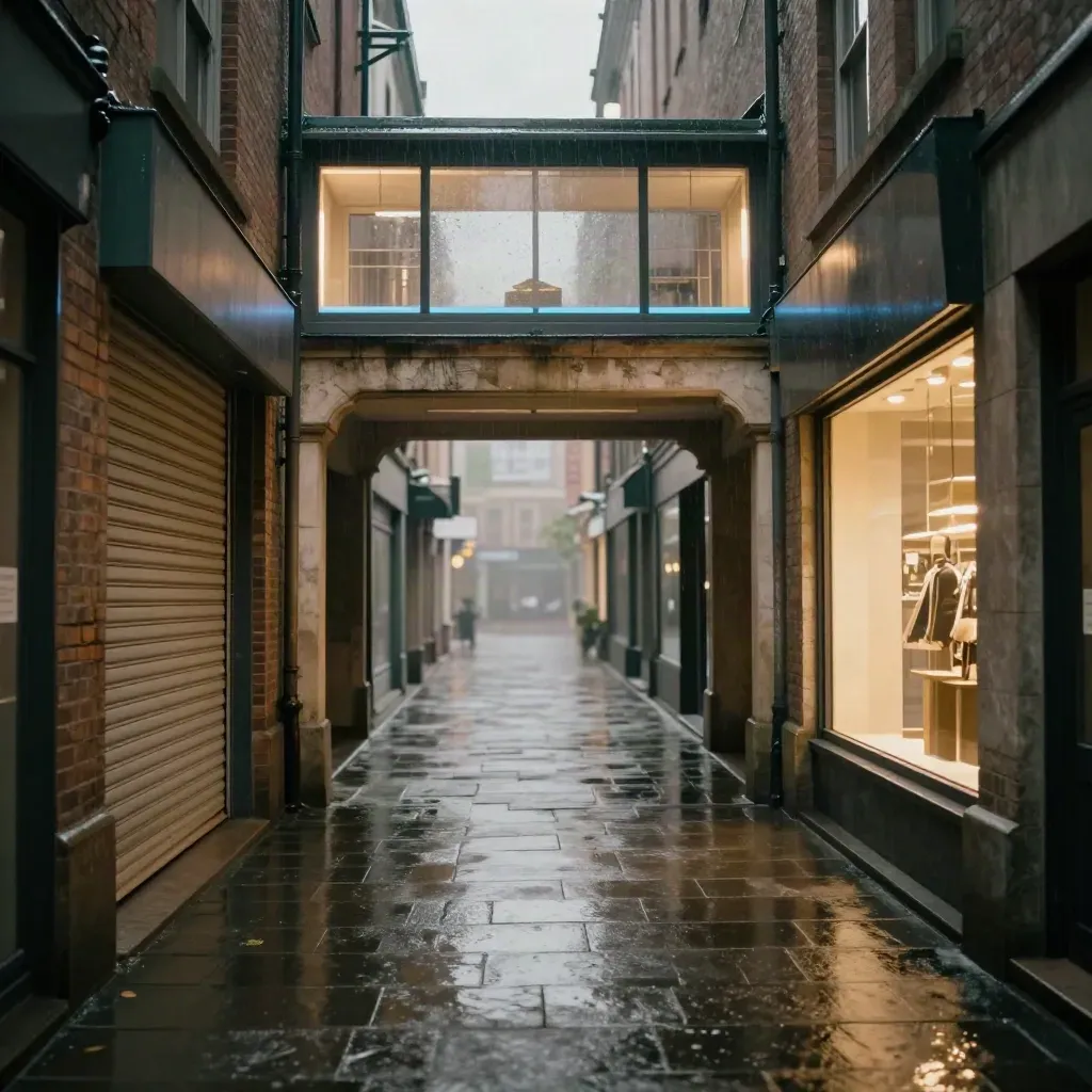Rainy shopfront corridor with reflections, warm windows and misty paving