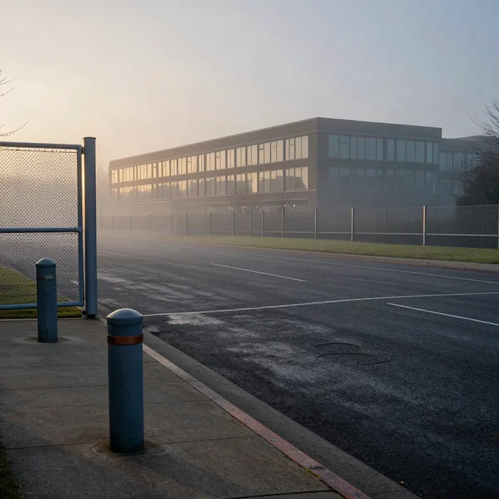 Steel gate and bollards over misty tarmac with distant offices at dusk