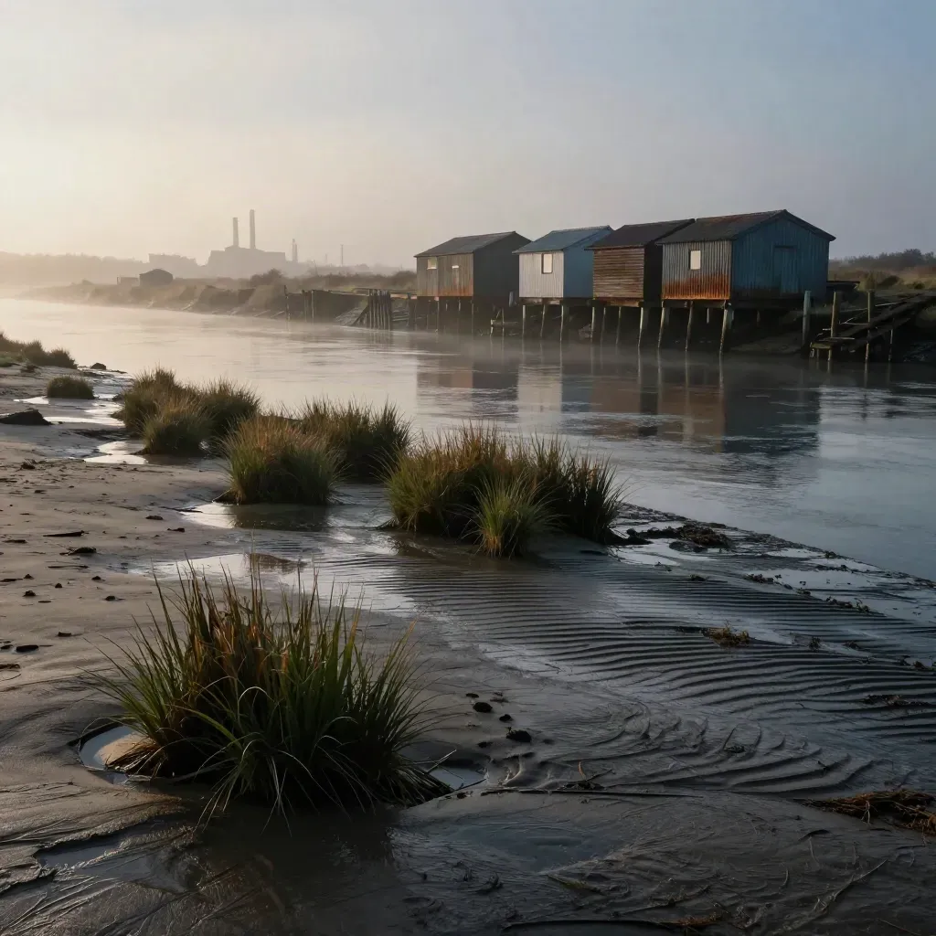 Foggy industrial riverbank with reeds, corrugated sheds, and a faint factory silhouette at dawn.