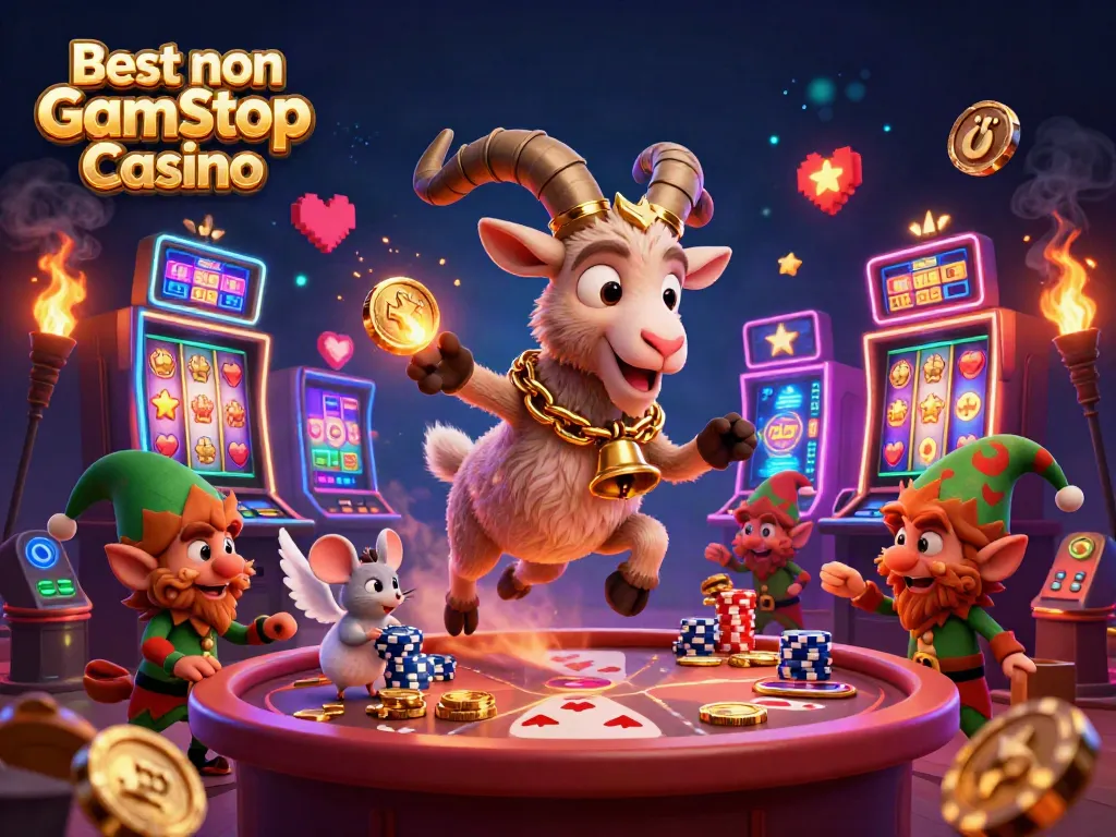 Experience the thrill at the Best non Gamstop Casino with Krampus and festive characters amidst vibrant slot machines.