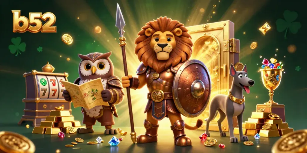 Spin the reels at B52, where golden treasures and thrilling gaming await players in a vibrant casino scene.