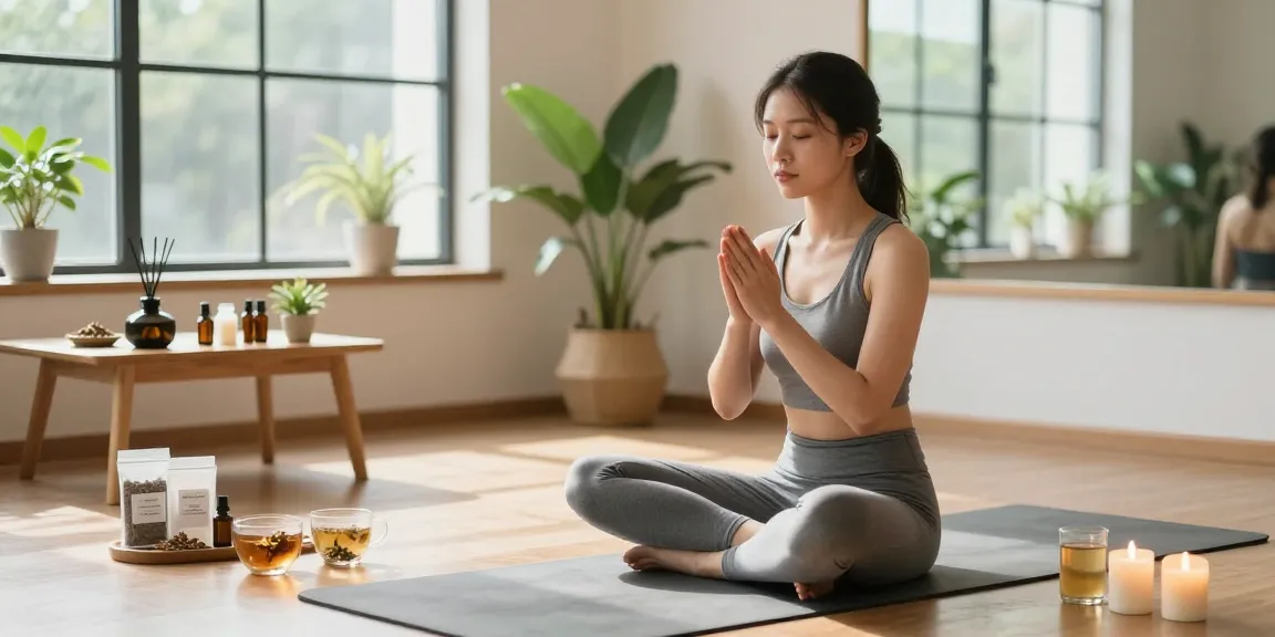 Person meditating with potent kratom for clarity in a serene wellness studio.