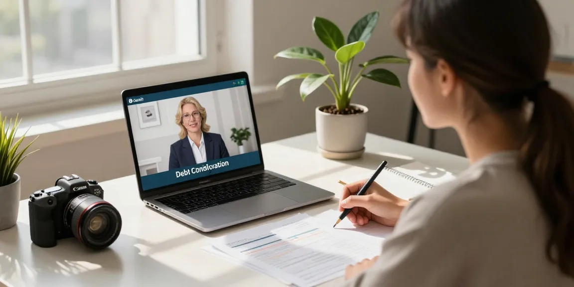 Person discussing debt consolidation Canada during a consultation, surrounded by financial documents and a laptop.