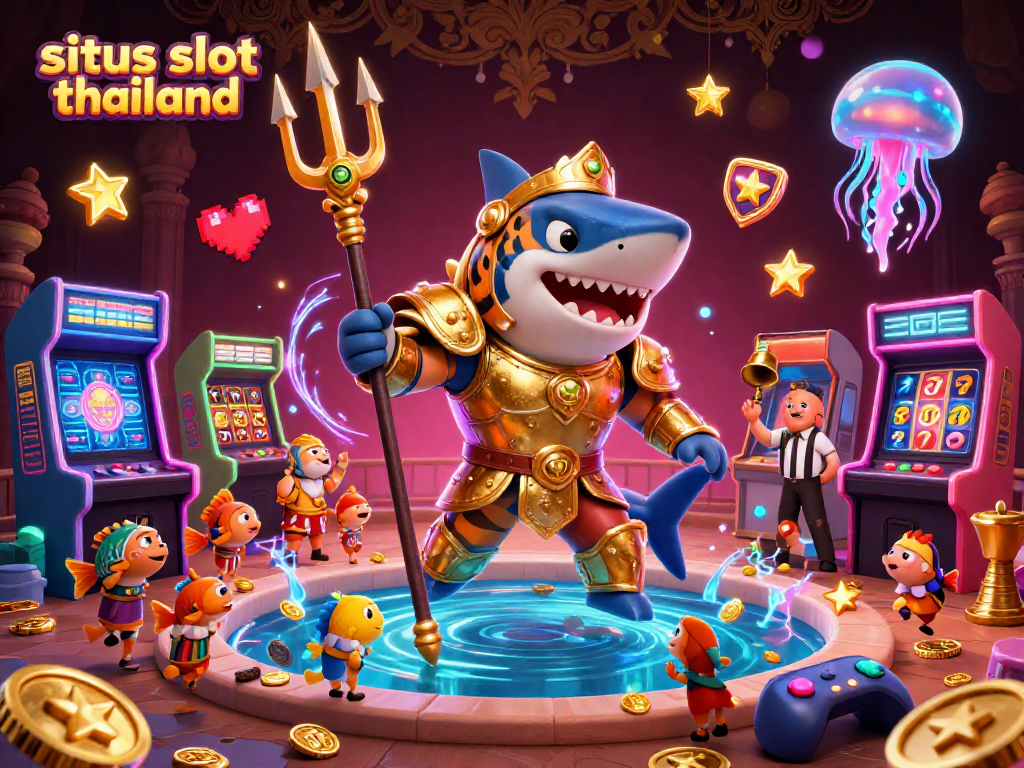 Situs slot thailand showcases exciting gameplay with a tiger shark in gladiator armor and vibrant gaming elements.