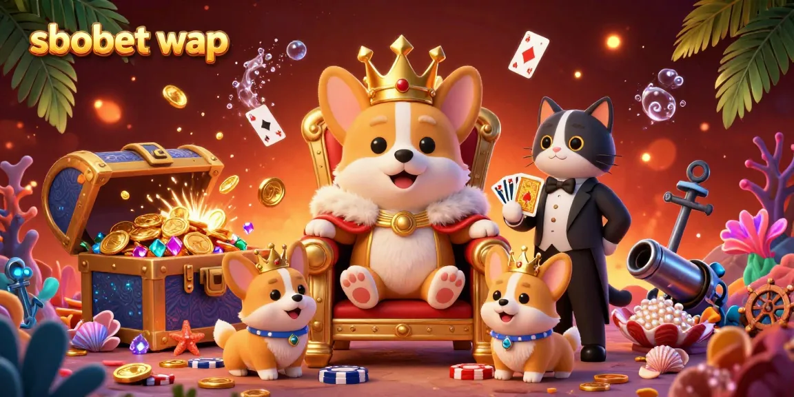 Place bets anywhere using sbobet wap with a royal corgi on a throne of poker chips amid underwater treasures.