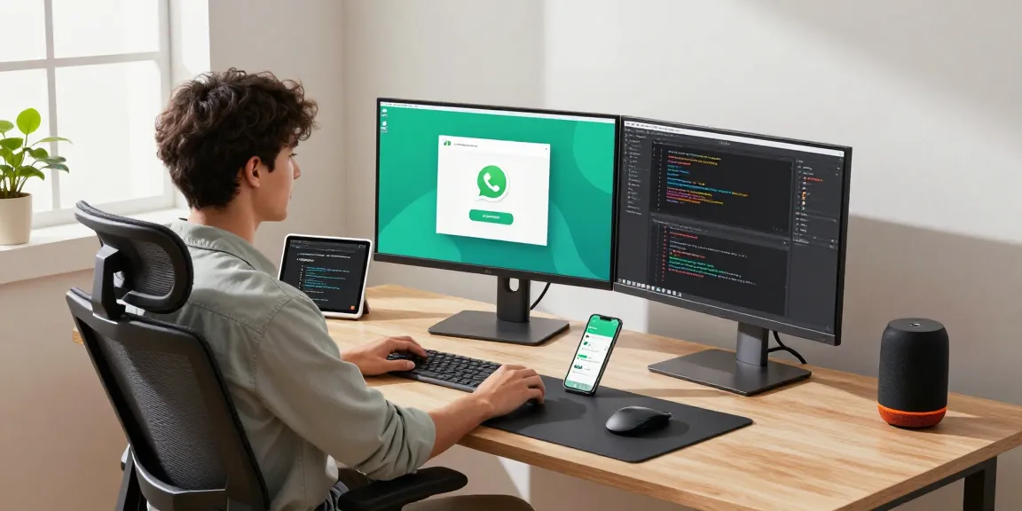 Young professional in a modern workspace promoting WhatsApp下載 with tech gadgets visible.