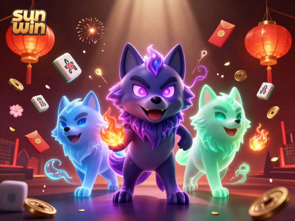 Win big at sun win with cartoon wolf characters amidst vibrant casino elements