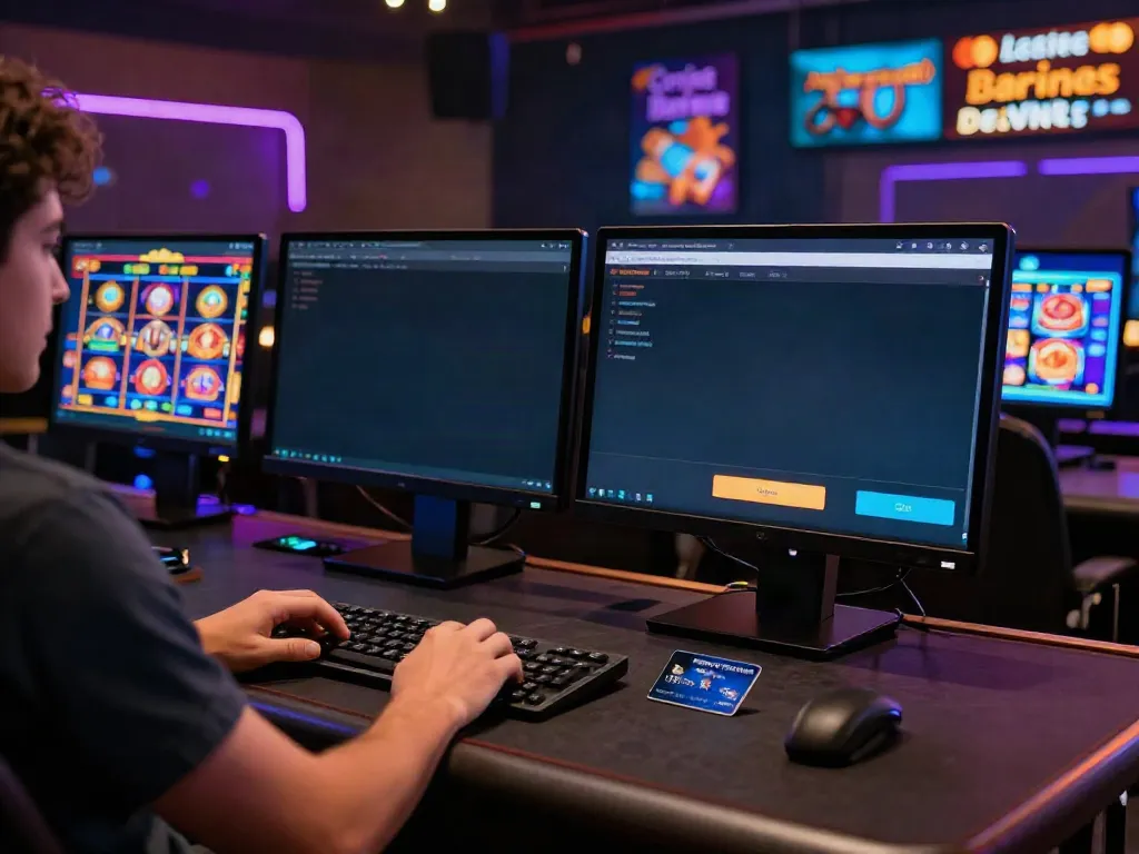 Player at a vibrant online casino with Mastercard card ready for deposits.