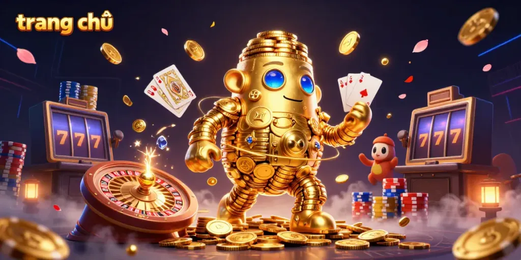 Experience the vibrant action at trang chủ with a golden golem and casino elements amidst cascading coins.