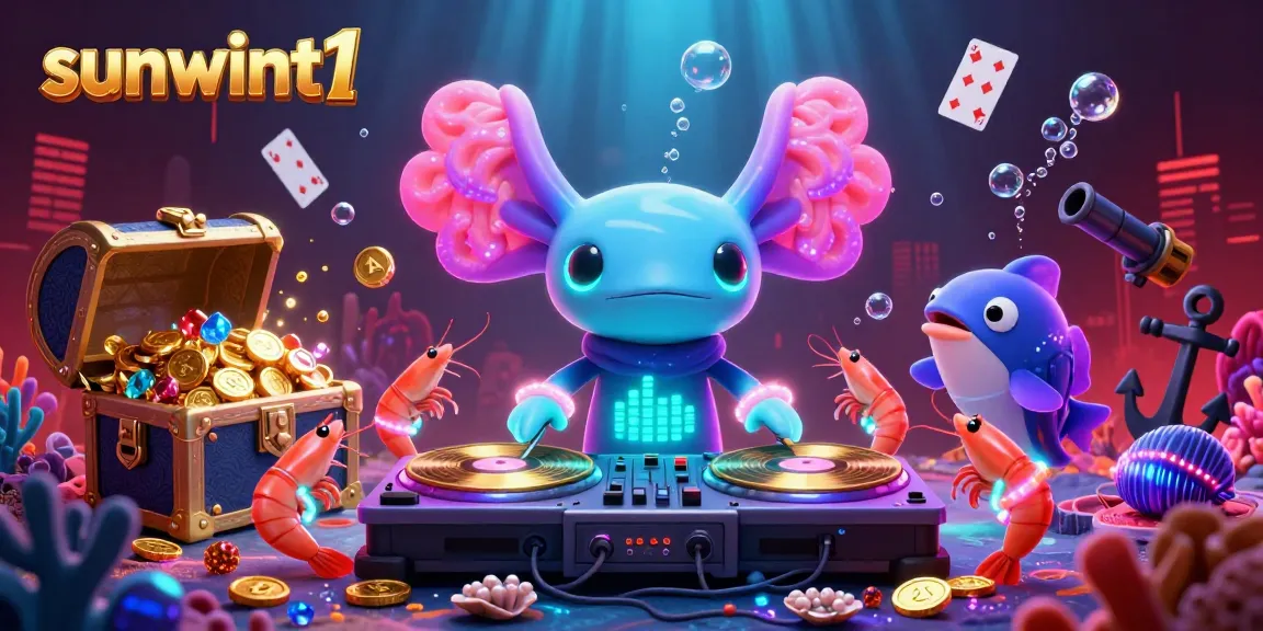 Experience the vibrant underwater party at sunwint1 with a lively axolotl DJ, glimmering treasures, and colorful casino elements!