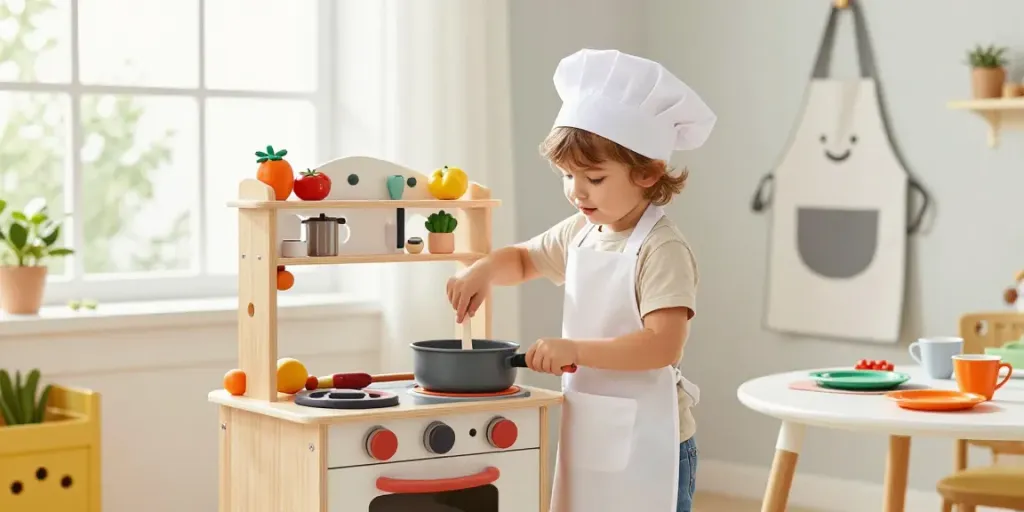 Child engaged with a play kitchen, stirring in a pot amidst colorful toys and accessories.