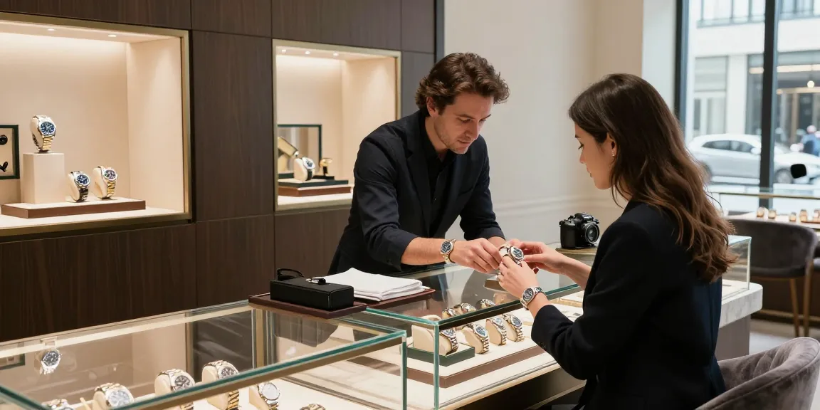 Discover luxurious Rolex super clone watches showcased in an elegant retail environment as an expert assists a customer in making an informed choice.