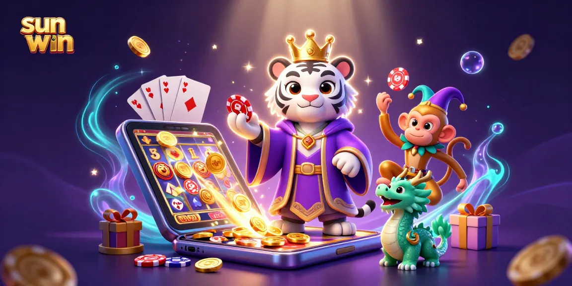 Experience the excitement of sun win with a vibrant 3D casino scene featuring a royal tiger, jester monkey, and dynamic game elements.